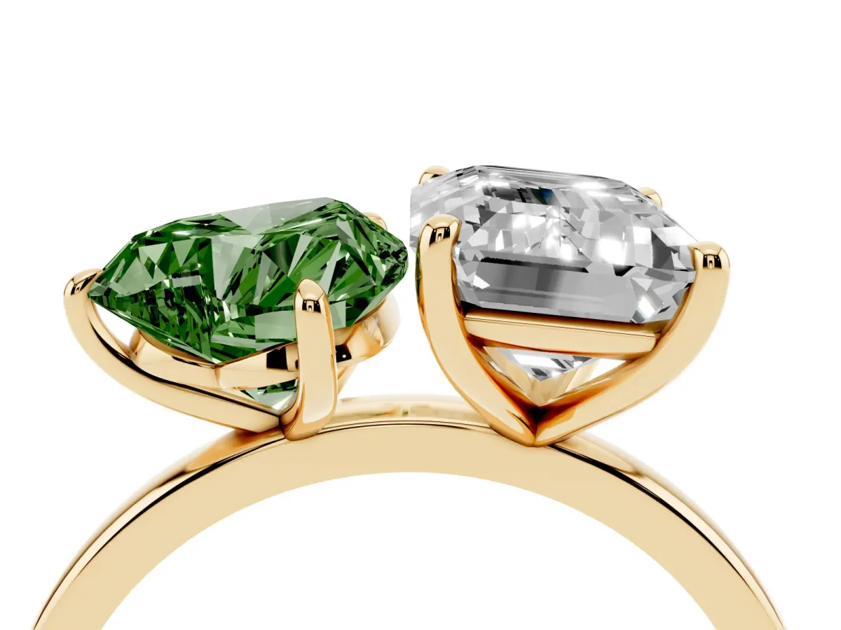 Fancy Green Heart Cut and Emerald Cut Toi Moi Ring with Prong Setting Yellow gold