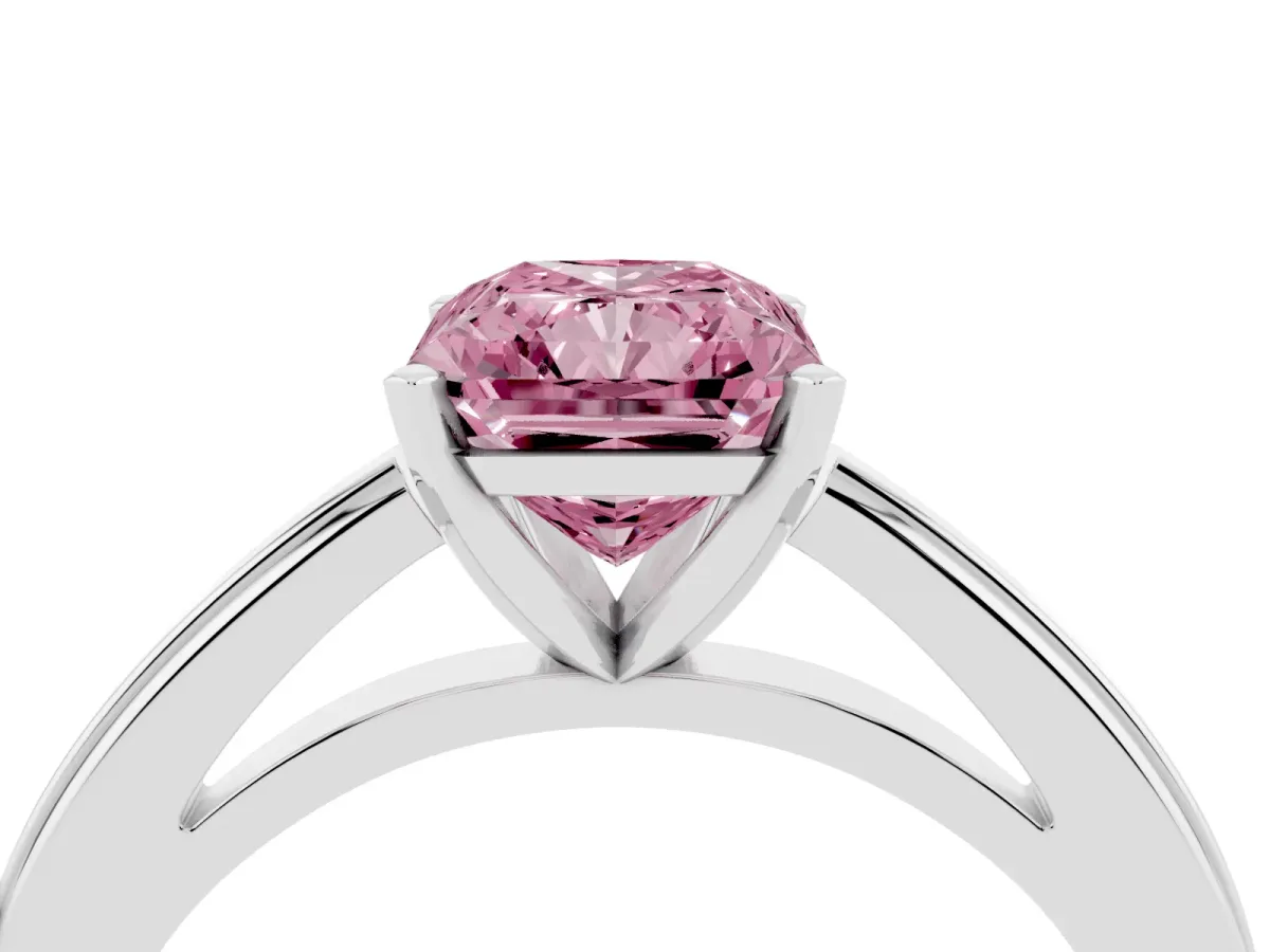 Fancy Pink Radiant Cut Solitaire Diamond Ring with Four-Prong Setting and Classic Band Silver