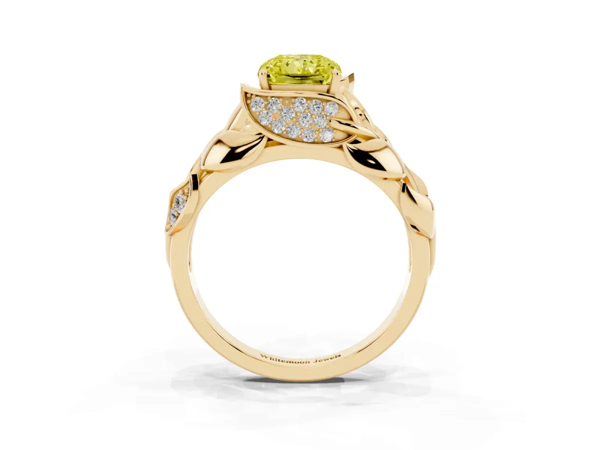 Fancy Yellow Radiant Cut Diamond Leaf-Inspired Engagement Ring with Round Accents and Prong Setting Yellow gold
