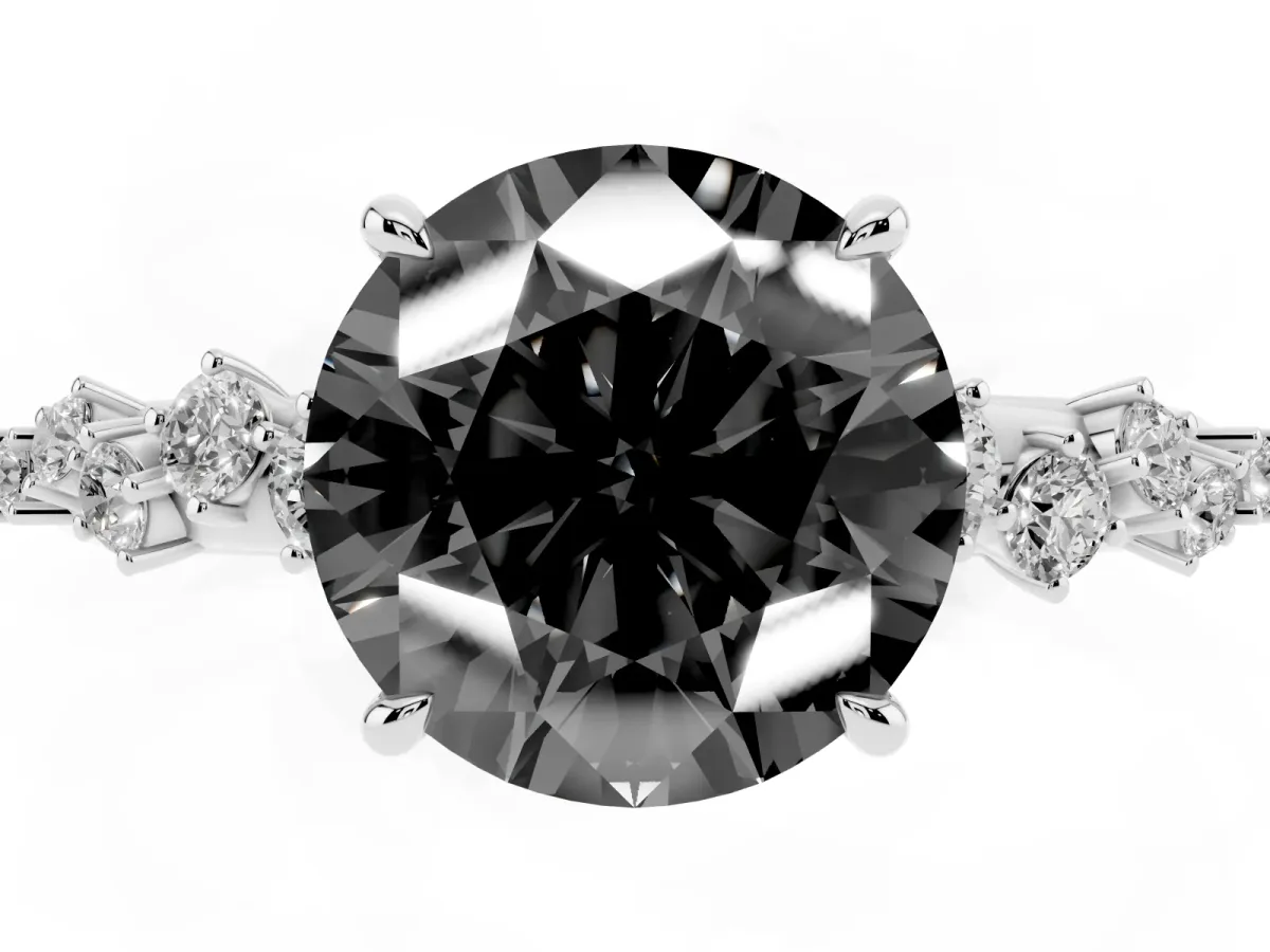 Fancy Black Round Cut Diamond Cluster Side Stone Solitaire Ring with Prong Setting Platinum