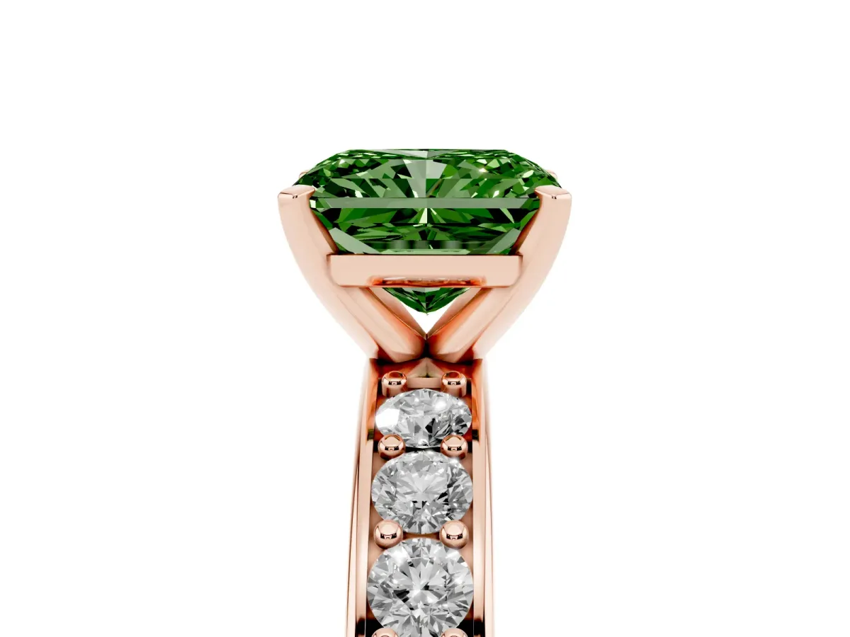 Fancy Green Radiant Cut Diamond Engagement Ring with Channel Set Round Band and Prong Setting Rose gold