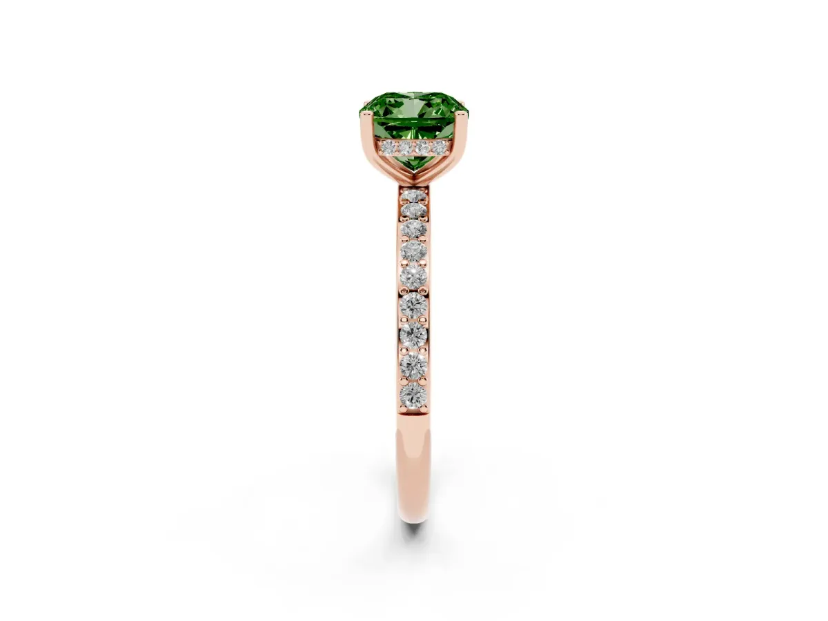 Fancy Green Cushion Cut Cut Diamond Pavé Band Ring with Four-Prong Setting Rose gold
