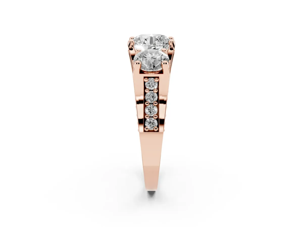 Round Cut Diamond Three-Stone Ring with Channel Set Band and Four-Prong Setting Rose gold