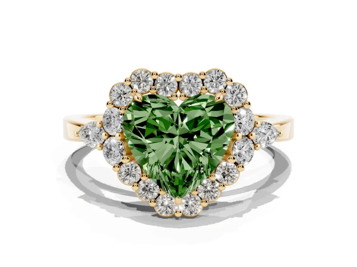Fancy Green Heart Cut Diamond Halo Ring with Pear Side Stones and Prong Setting Yellow gold