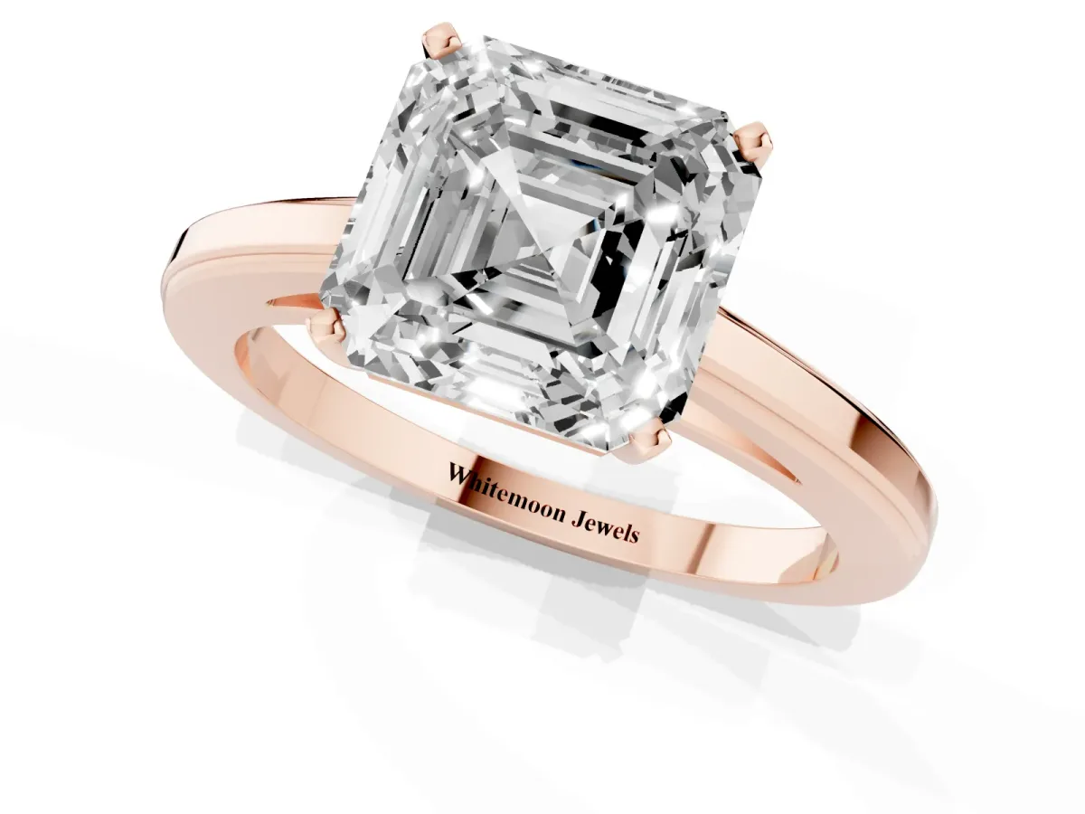 Asscher Cut Solitaire Diamond Ring with Four-Prong Setting and Classic Band Rose gold