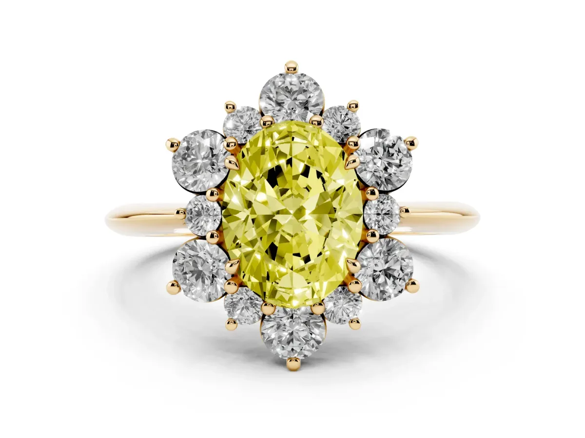 Fancy Yellow Oval Cut Diamond Cluster Halo Ring with Solitaire Band and Four-Prong Setting Yellow gold