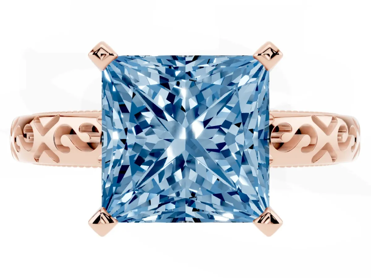 Fancy Blue Princess Cut Solitaire Engagement Ring with Scrollwork Band and Four-Prong Setting Rose gold