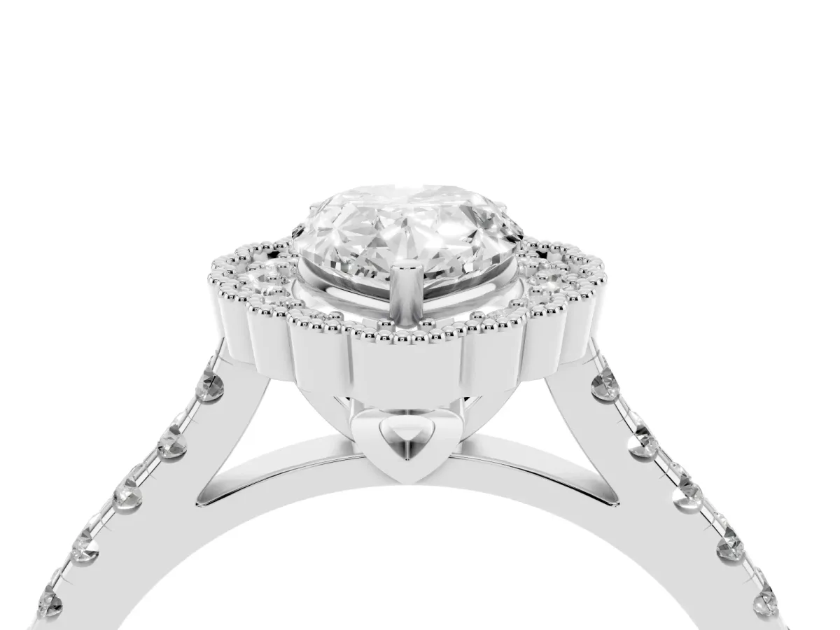 Pear Cut Cut Diamond Milgrain Floral Halo Engagement Ring with Pavé Band Silver