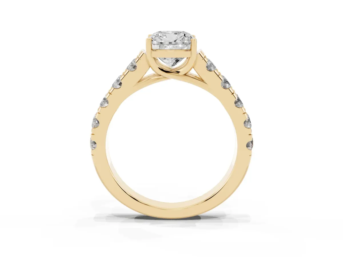Cushion Cut Cut Diamond Solitaire Ring with Micro Pave Band and Prong Setting Yellow gold