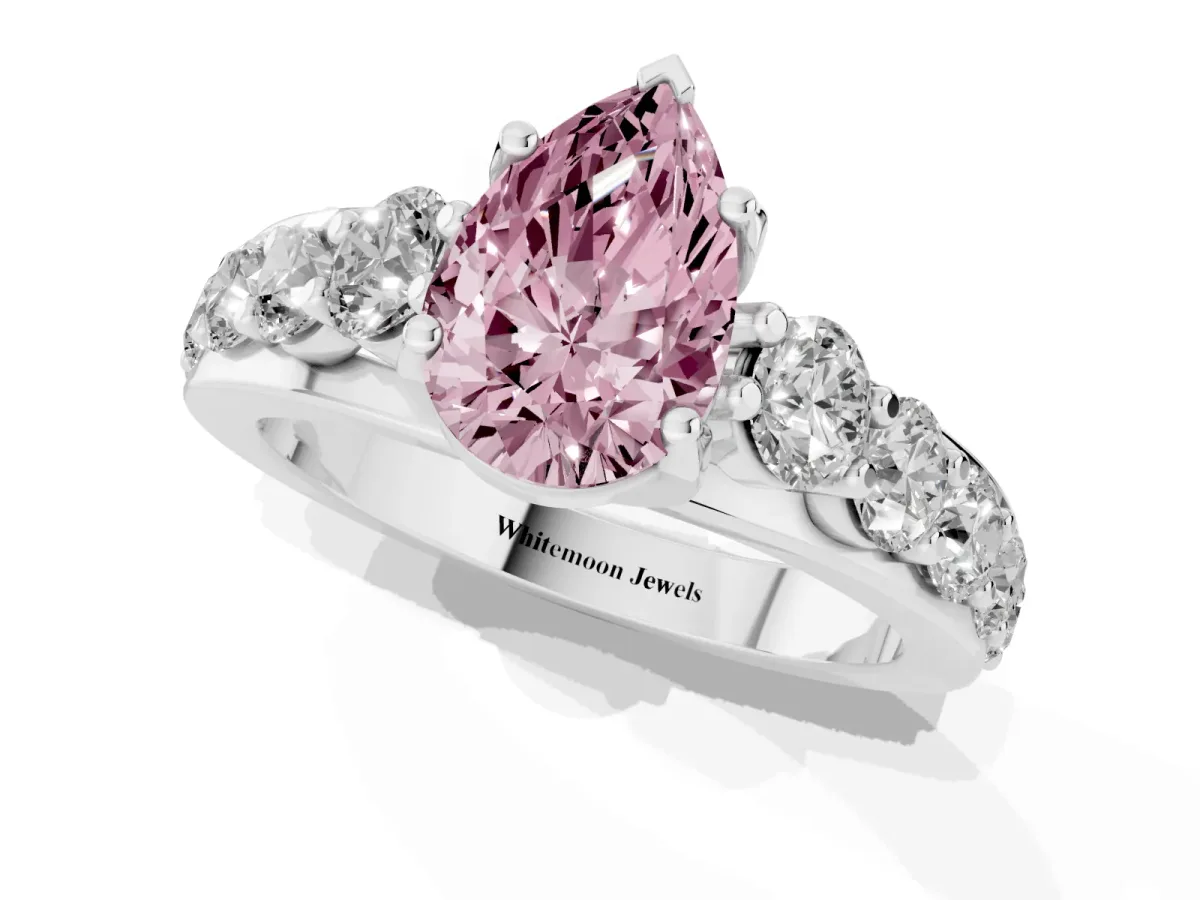 Fancy Pink Pear Cut Diamond Engagement Ring with Pavé Band and Four-Prong Setting White gold