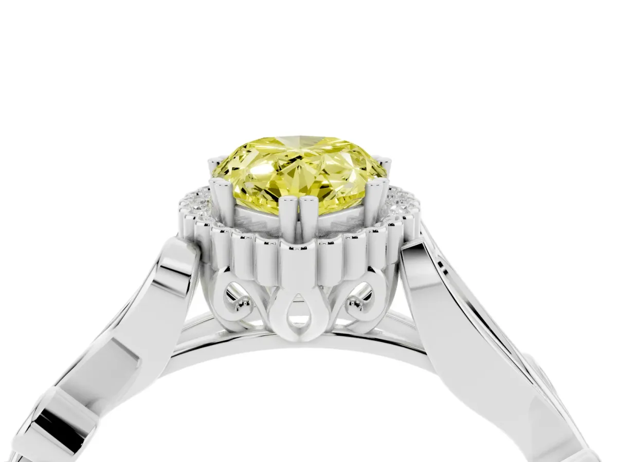 Fancy Yellow Pear Cut Diamond Halo Ring with Vintage Split Shank and Four-Prong Setting Silver