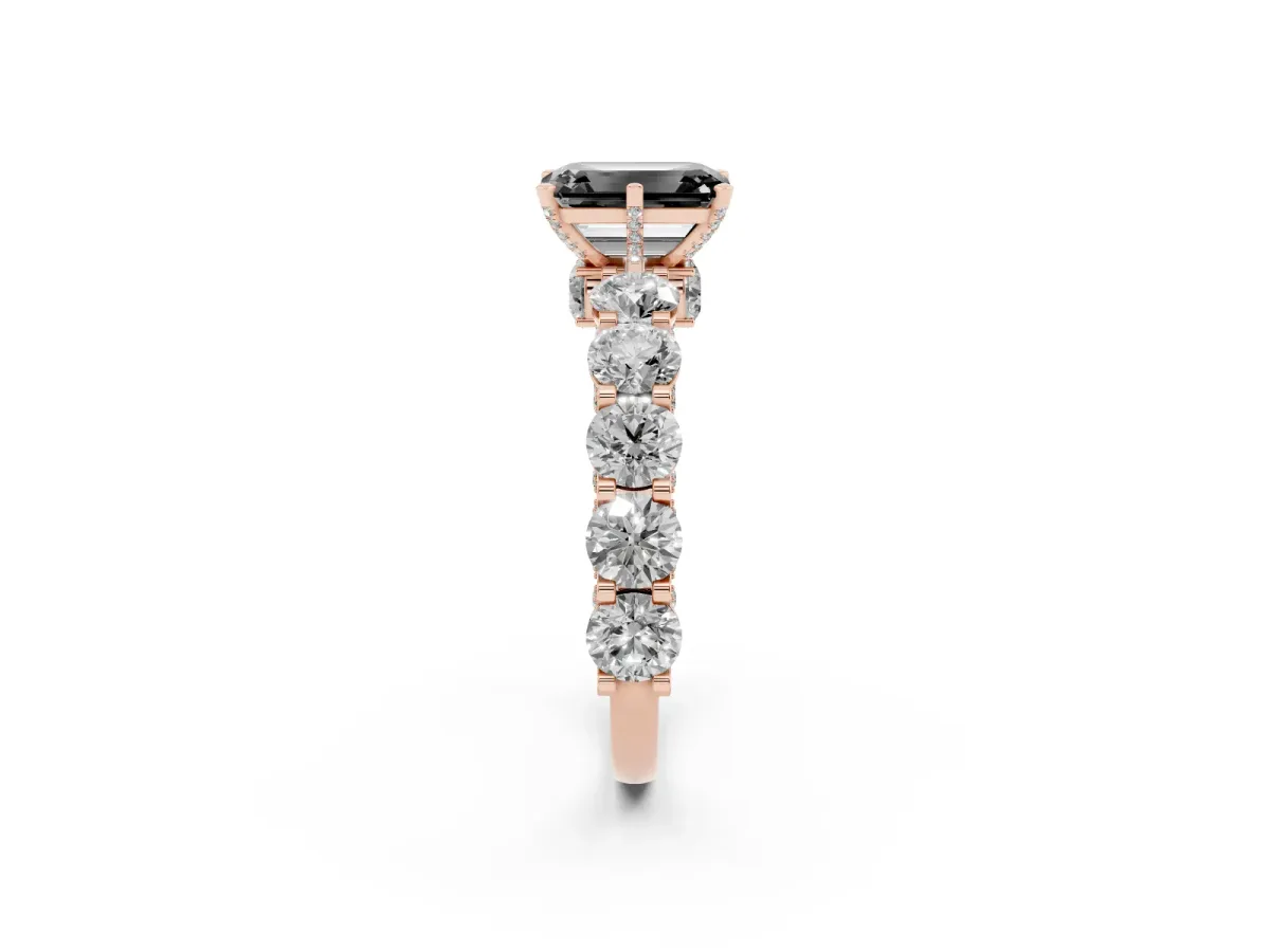 Fancy Black Emerald Cut Diamond Side Stone Engagement Ring with Four-Prong Setting Rose gold