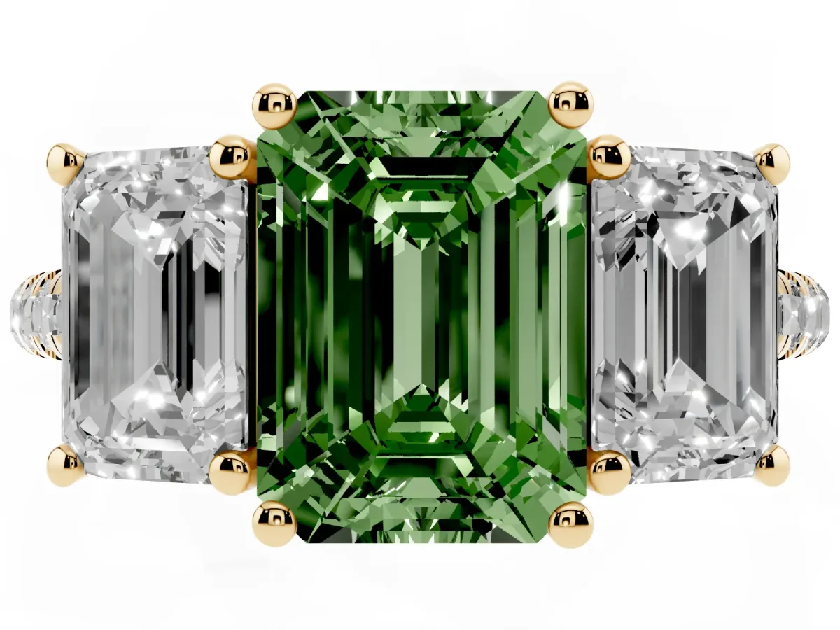 Fancy Green Three-Stone Emerald Cut Diamond Ring with Round Pavé Band and Prong Setting Yellow gold