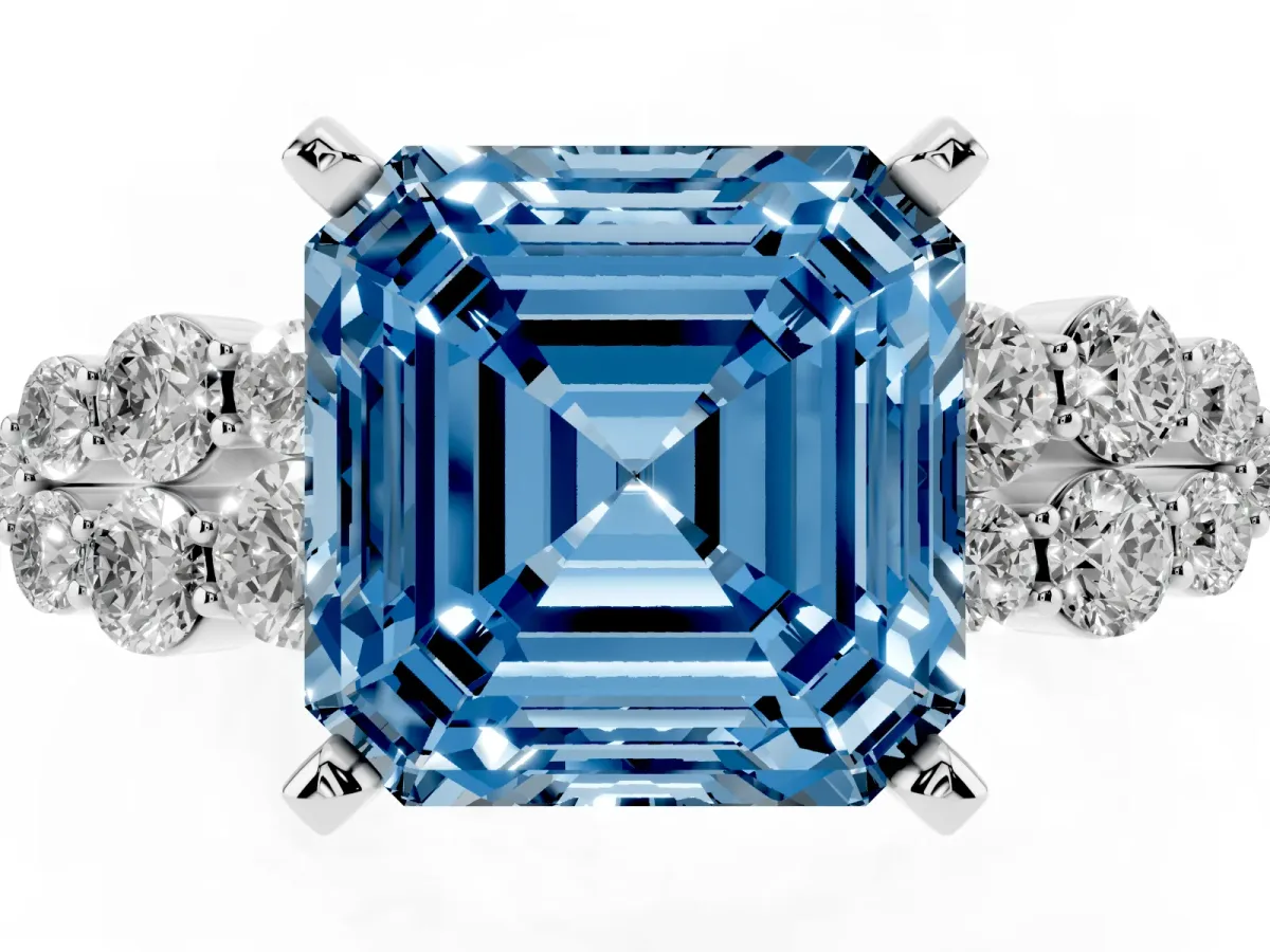 Fancy Blue Asscher Cut Cluster Diamond Engagement Ring with Pavé Band and Four-Prong Setting Silver