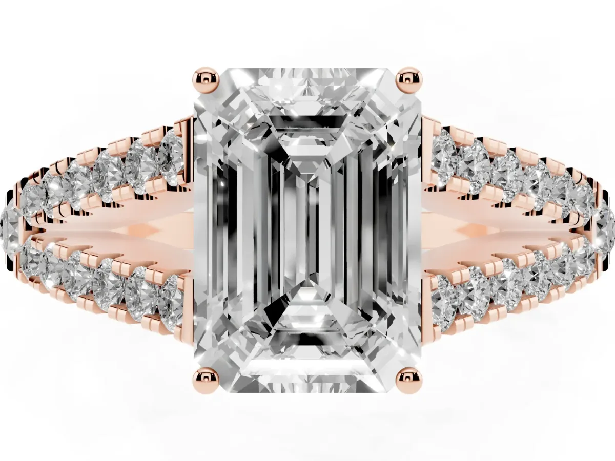 Emerald Cut Diamond Split Shank Engagement Ring with Round Pavé and Prong Setting Rose gold