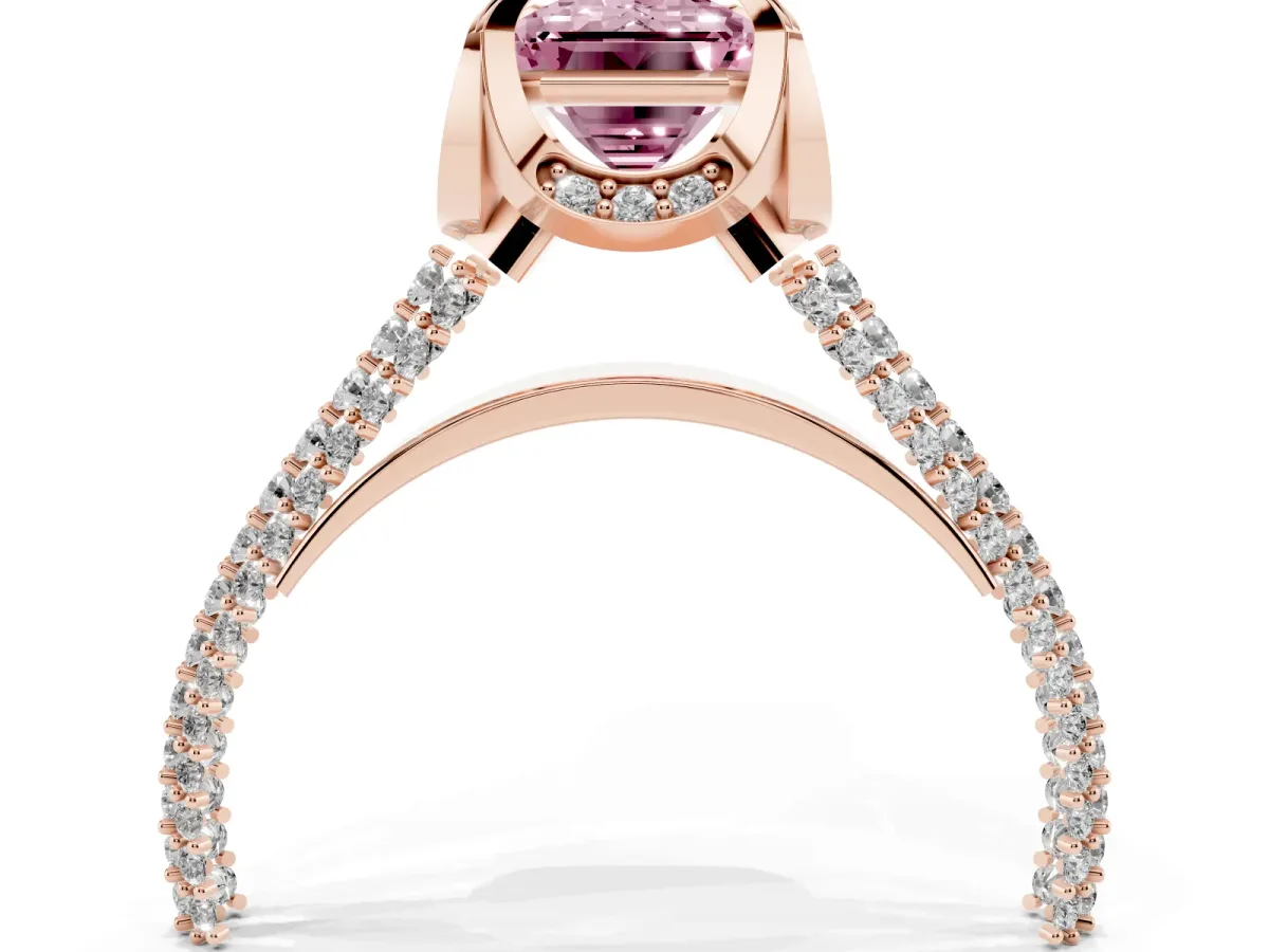 Fancy Pink Emerald Cut Solitaire Pave Split Shank Ring with Four-Prong Setting Rose gold