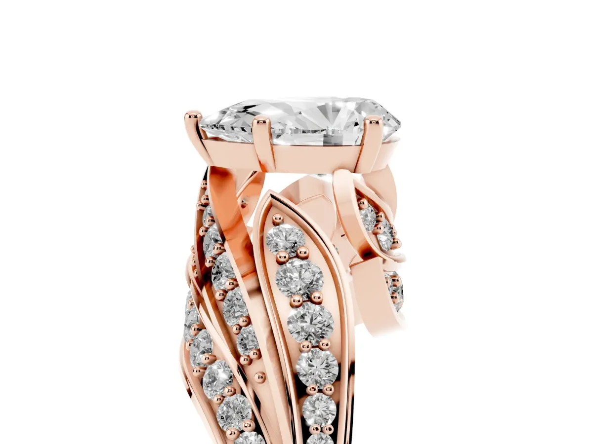 Pear Cut Diamond Solitaire Ring with Prong Setting and Twisted Pavé Band Rose gold