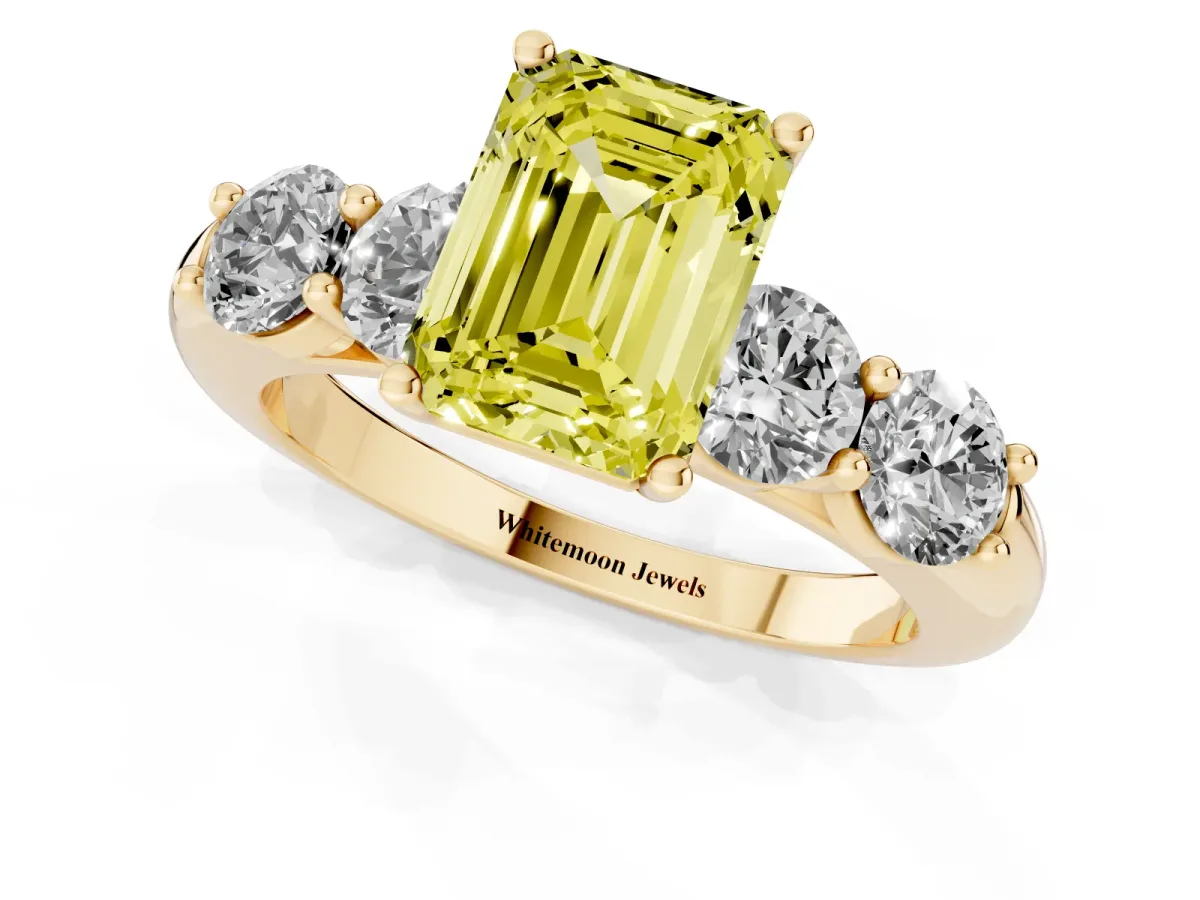 Fancy Yellow Emerald Cut Cut Five-Stone Prong Set Diamond Ring with Classic Band Yellow gold