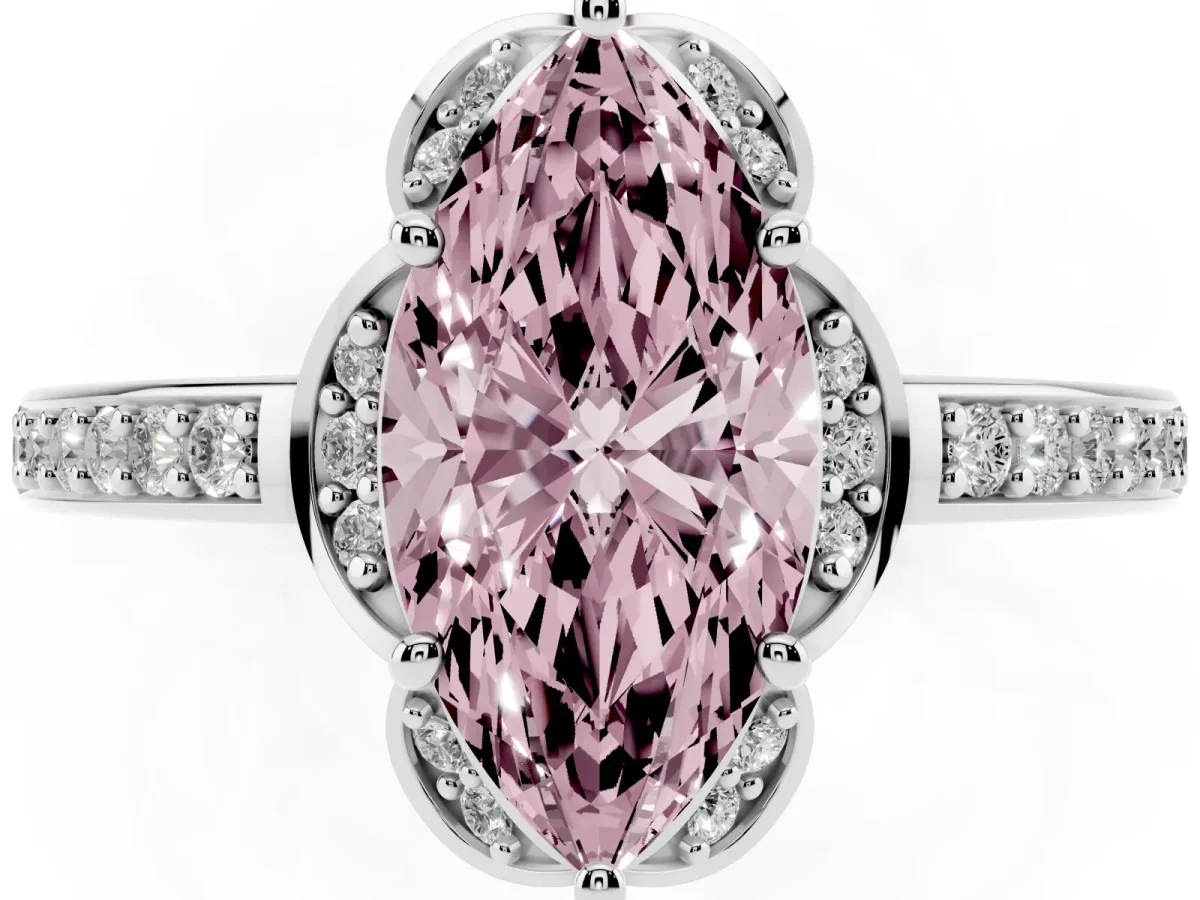 Fancy Pink Marquise Cut Cut Halo Diamond Ring with Channel Set Band and Four-Prong Setting Silver