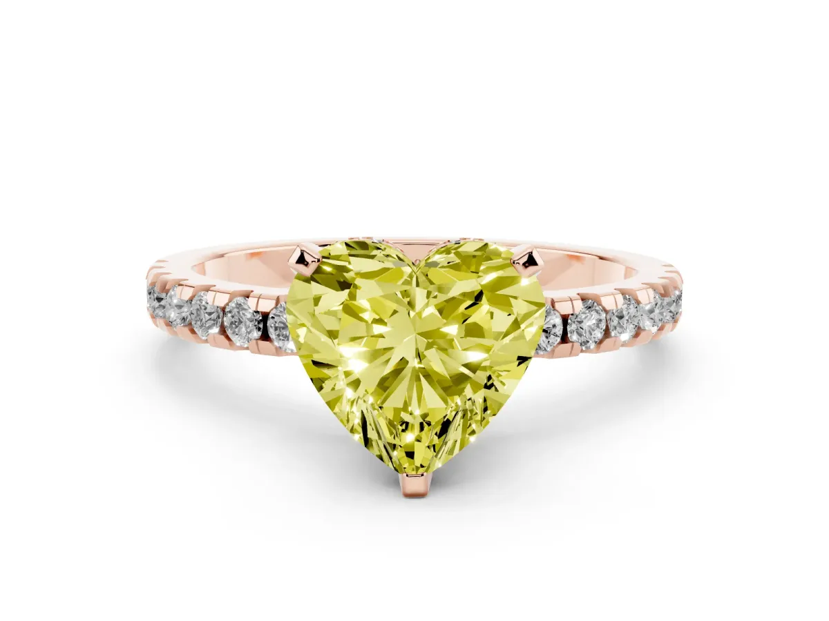 Fancy Yellow Heart Cut Diamond Solitaire Ring with Round Pavé Band and Four-Prong Setting Rose gold