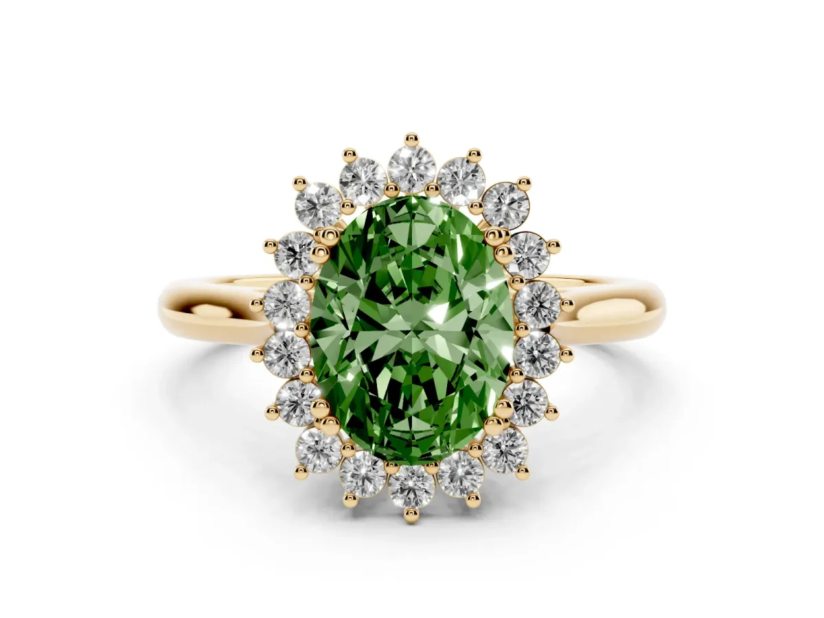 Fancy Green Oval Cut Cut Diamond Halo Ring with Solitaire Band and Prong Setting Yellow gold