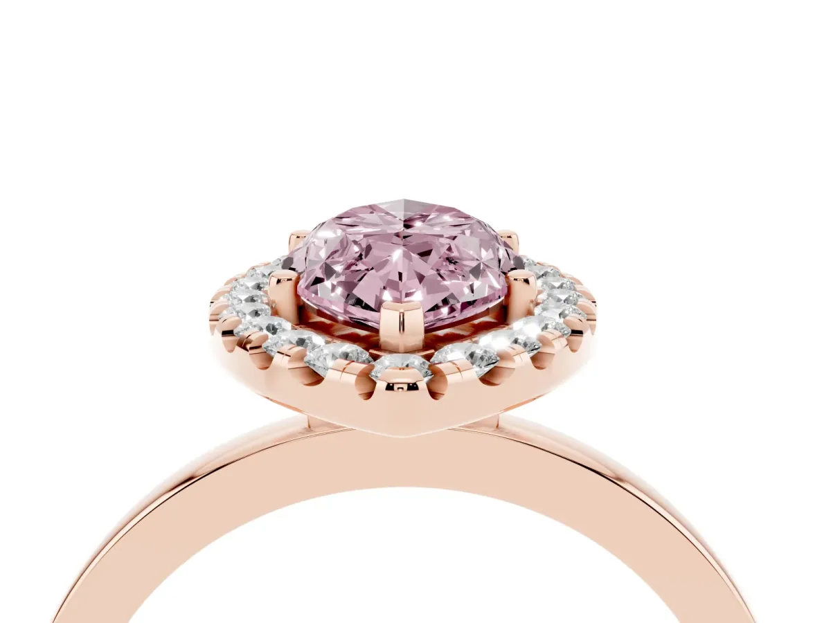 Fancy Pink Marquise Cut Halo Diamond Solitaire with Pavé Band and Four-Prong Setting Rose gold