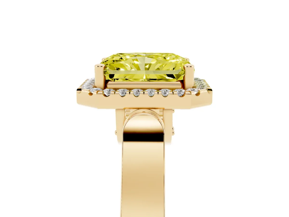 Fancy Yellow Radiant Cut Halo Round Diamond Twist Band with Four-Prong Setting Yellow gold