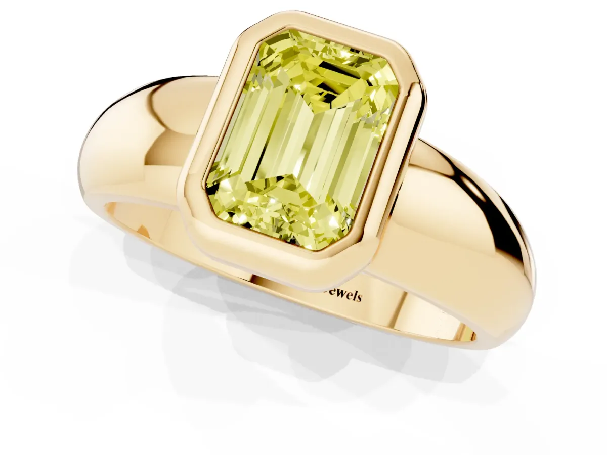 Fancy Yellow Bezel Set Emerald Cut Solitaire Ring with Wide Band Yellow gold
