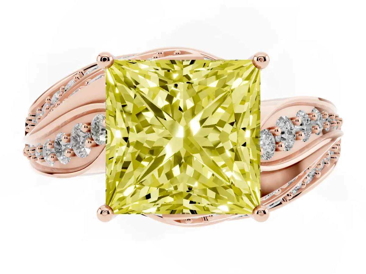 Fancy Yellow Princess Cut Diamond Solitaire Ring with Prong Setting and Twisted Pavé Band Rose gold