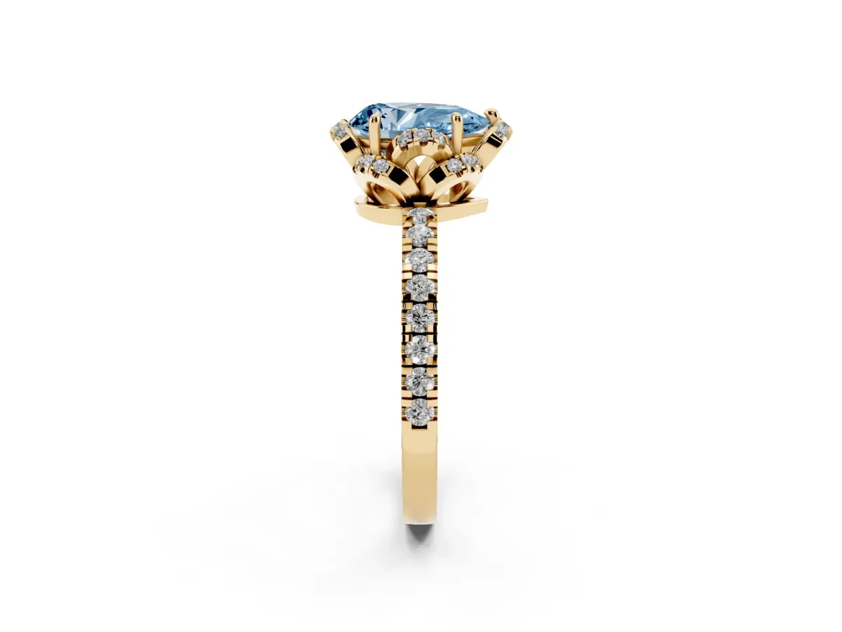 Fancy Blue Pear Cut Diamond Halo Pave Band with Four-Prong Setting Yellow gold