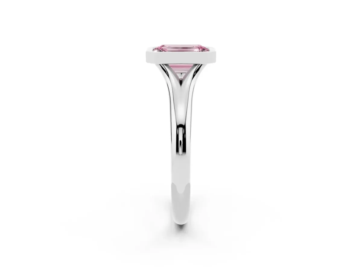 Fancy Pink Bezel Set Emerald Cut Solitaire Diamond Ring with Smooth Band Silver