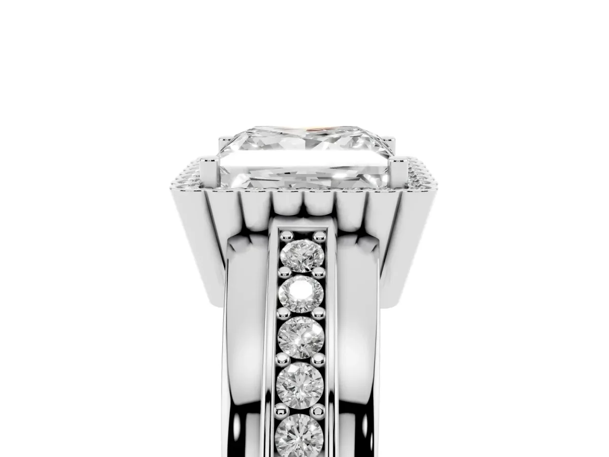 Princess Cut Cut Halo Pave Band Four-Prong Ring Silver