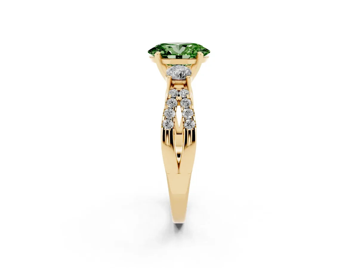 Fancy Green Oval Cut Diamond Three-Stone Ring with Pavé Split Shank and Four-Prong Setting Yellow gold