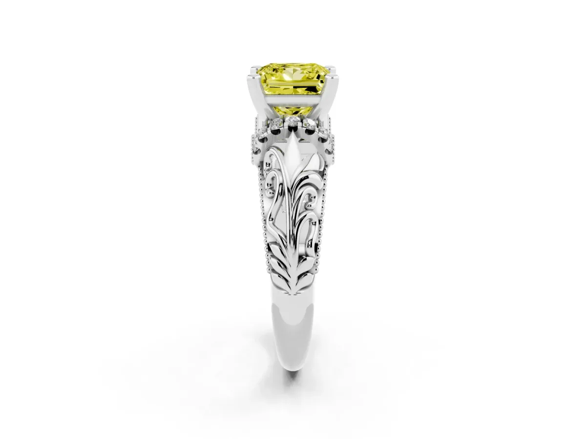 Fancy Yellow Princess Cut Solitaire Filigree Engagement Ring with Halo and Prong Setting White gold