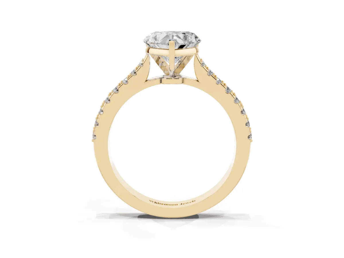 Heart Cut Cut Solitaire Diamond Engagement Ring with Pave Band and Four-Prong Setting Yellow gold