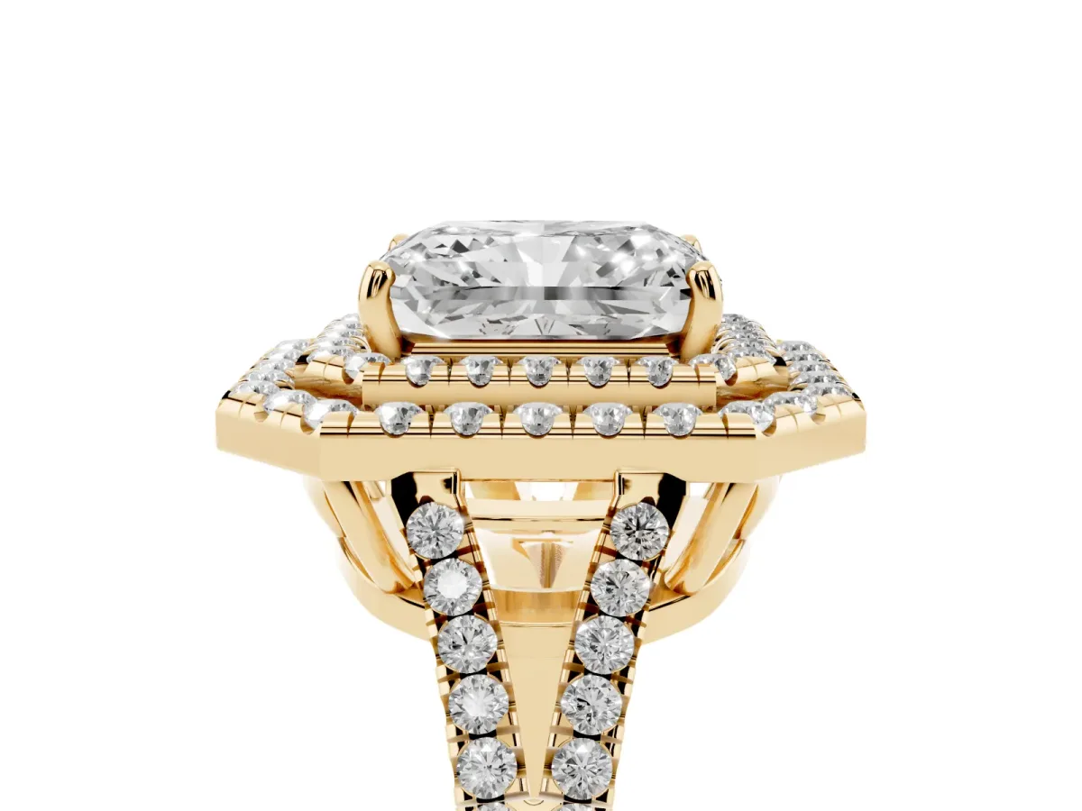 Radiant Cut Diamond Double Halo Ring with Pavé Band and Prong Setting Yellow gold