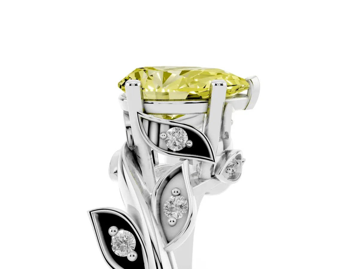 Fancy Yellow Pear Cut Solitaire Twist Engagement Ring with Leaf Accents and Prong Setting Silver