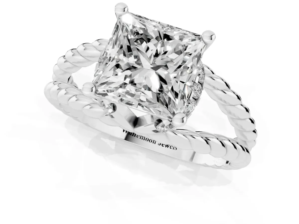 Princess Cut Halo Twisted Band Four-Prong Ring Silver