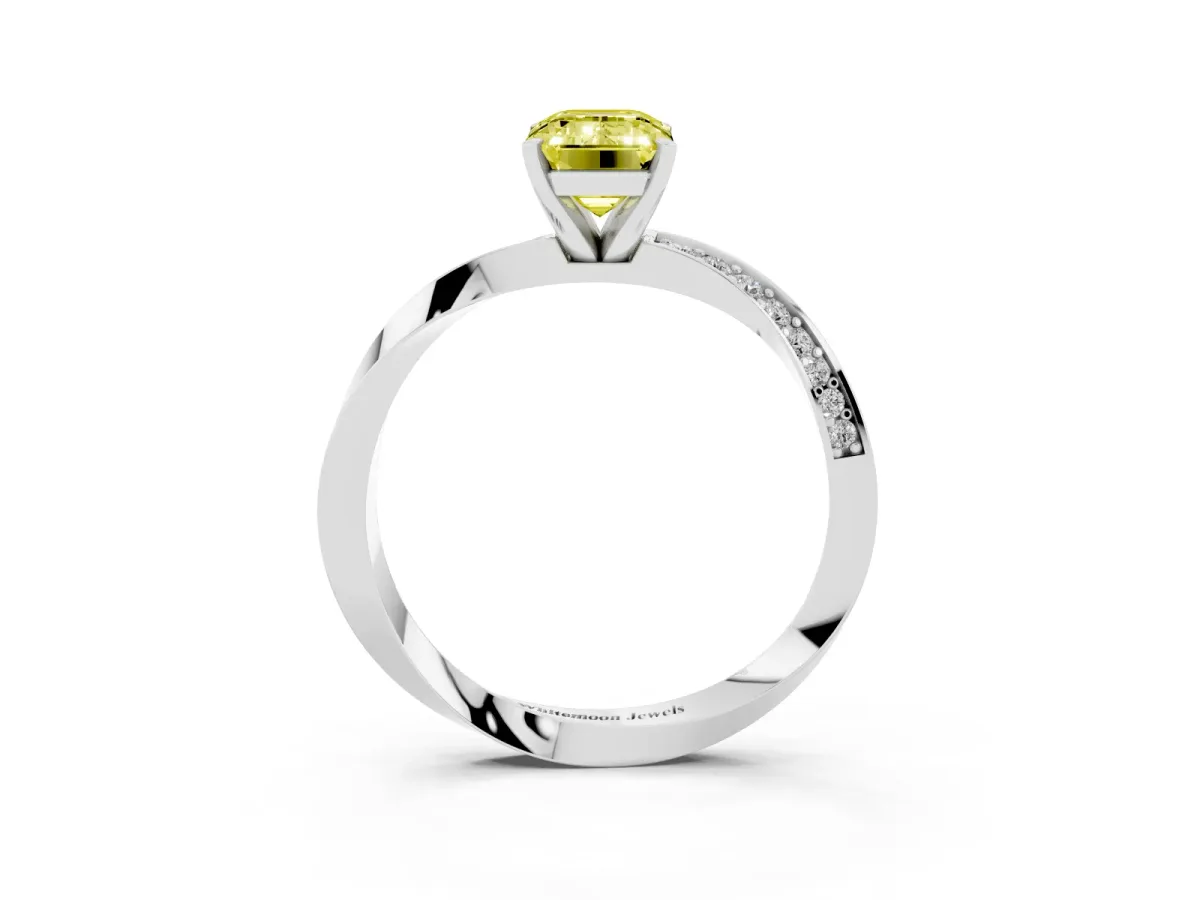 Fancy Yellow Emerald Cut Diamond Engagement Ring with Side Stone Accents and Four-Prong Setting Silver