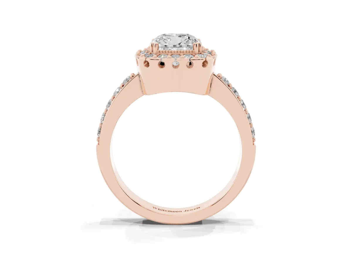 Cushion Cut Diamond Halo Ring with Pavé Band and Prong Setting Rose gold