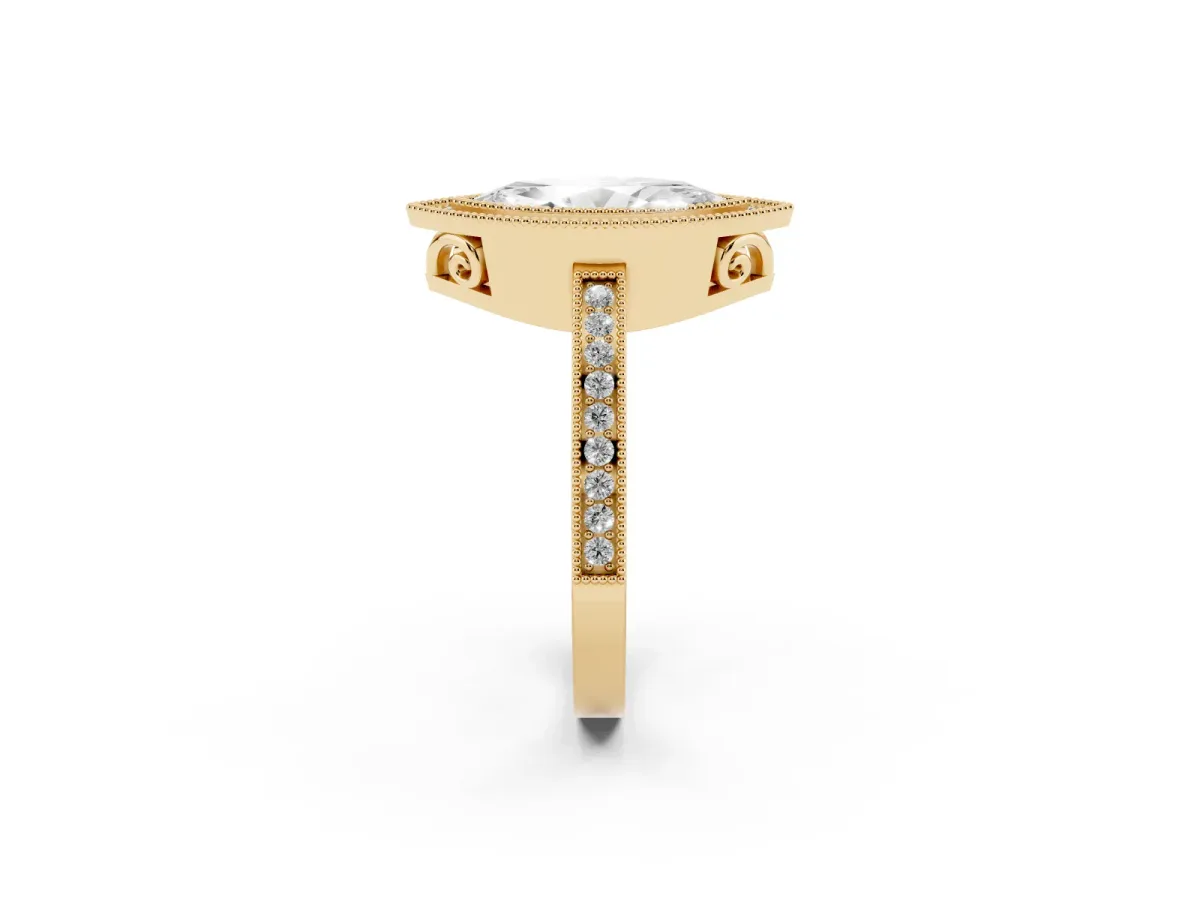 Marquise Cut Cut Halo Diamond Ring with Pavé Band and Milgrain Prong Setting Yellow gold