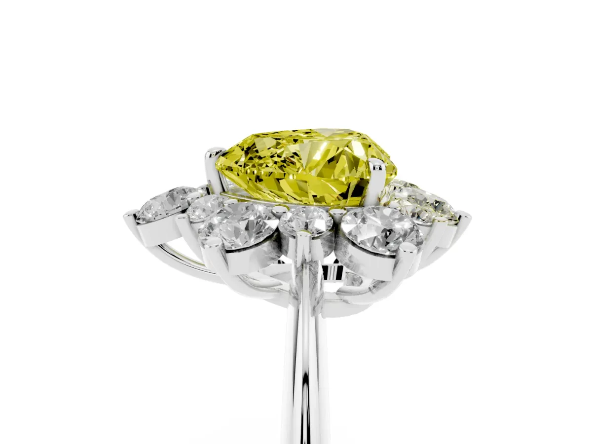 Fancy Yellow Heart Cut Diamond Cluster Halo Ring with Solitaire Band and Four-Prong Setting White gold