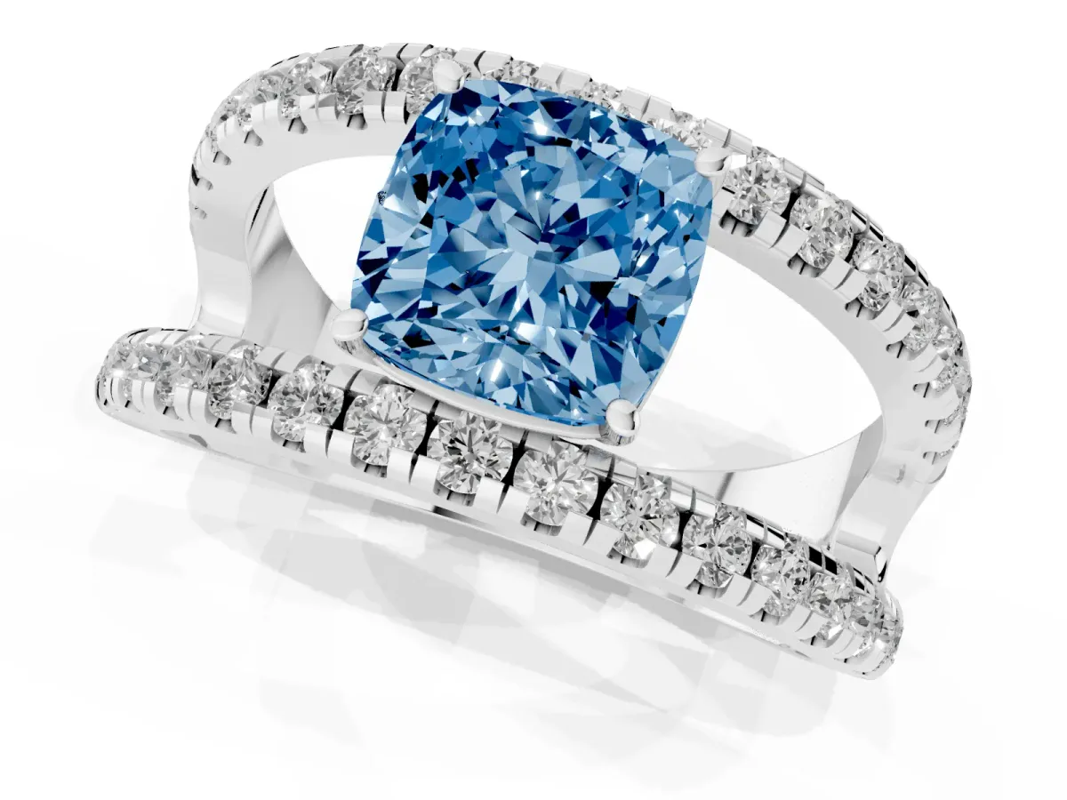 Fancy Blue Cushion Cut Solitaire Split Shank Pave Diamond Ring Platinum