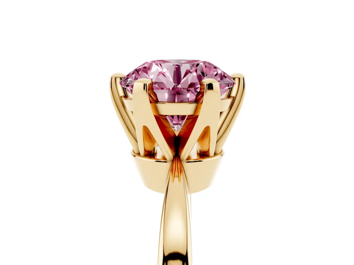 Fancy Pink Round Cut Solitaire Engagement Ring with Six-Prong Setting and Tapered Band Yellow gold