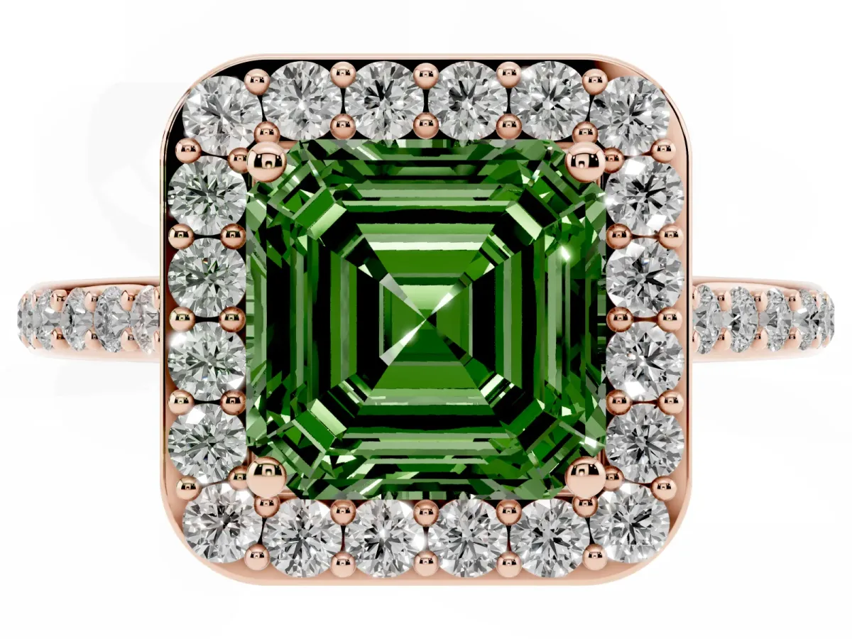 Fancy Green Asscher Cut Diamond Halo Engagement Ring with Round Pavé Shoulders and Prong Setting Rose gold