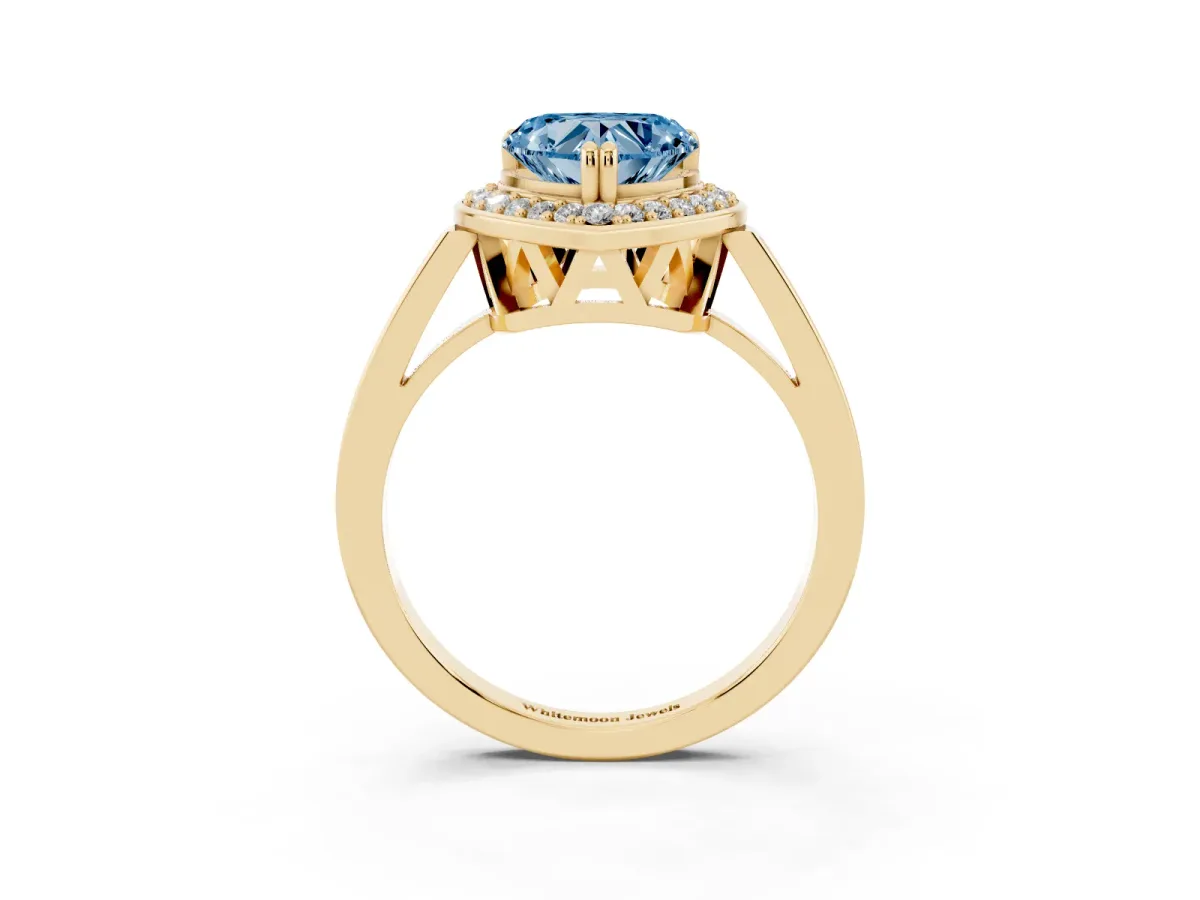 Fancy Blue Heart Cut Diamond Halo Ring with Split Shank and Four-Prong Setting Yellow gold
