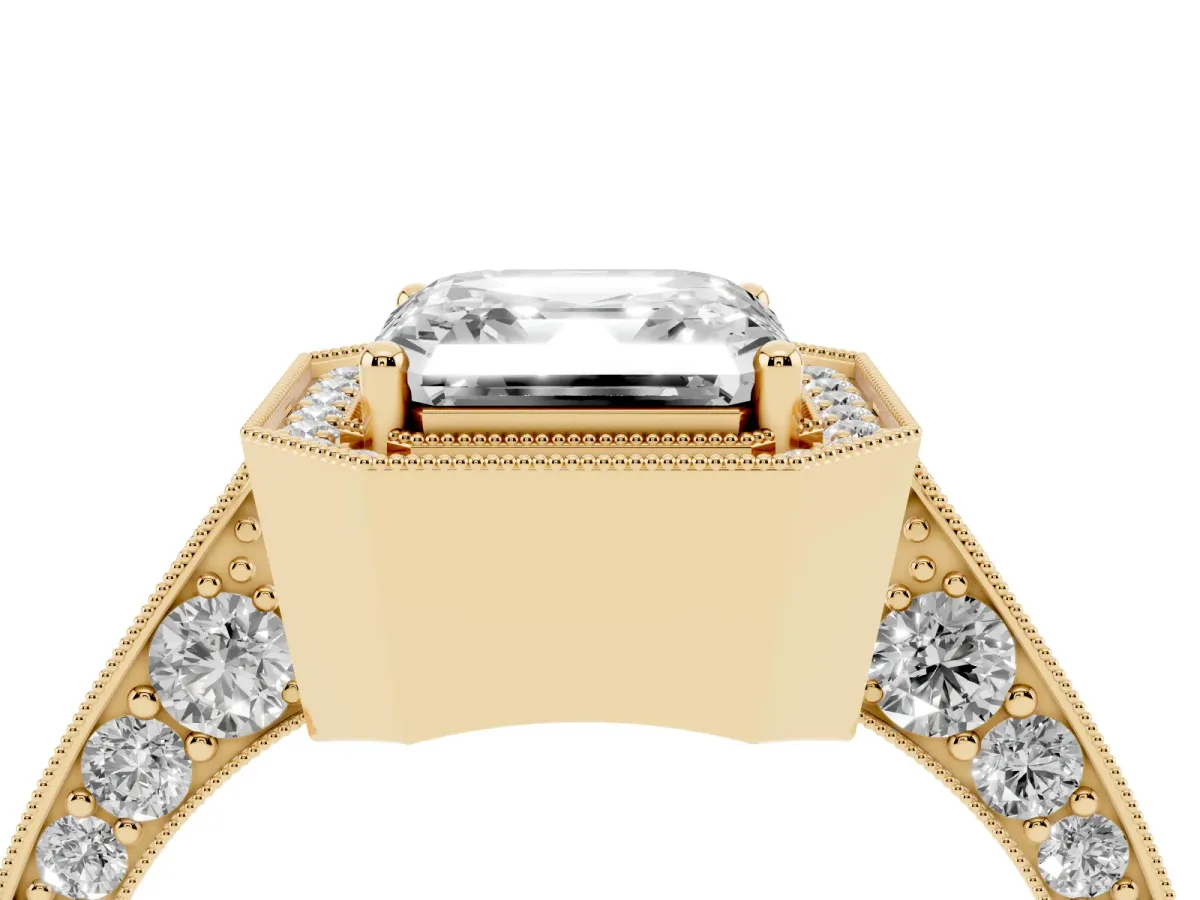 Asscher Cut Halo Diamond Engagement Ring with Split Shank Band and Four-Prong Setting Yellow gold