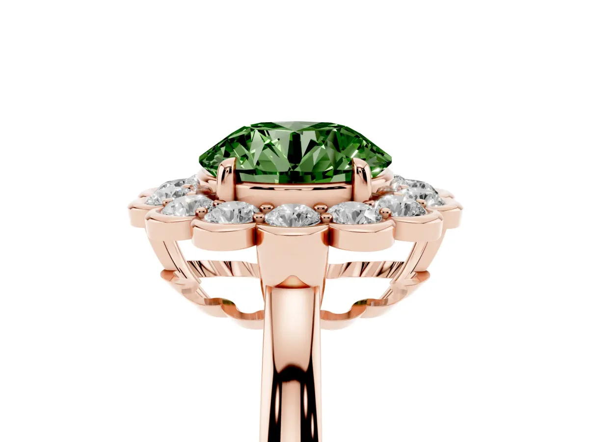 Fancy Green Round Cut Halo Cluster Diamond Engagement Ring with Solitaire Band and Prong Setting Rose gold
