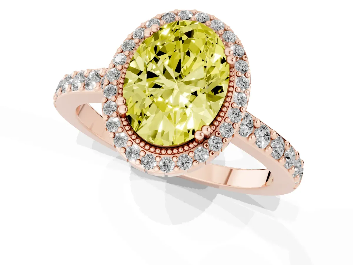 Fancy Yellow Oval Cut Cut Diamond Halo Engagement Ring with Milgrain Detail and Pavé Band Rose gold