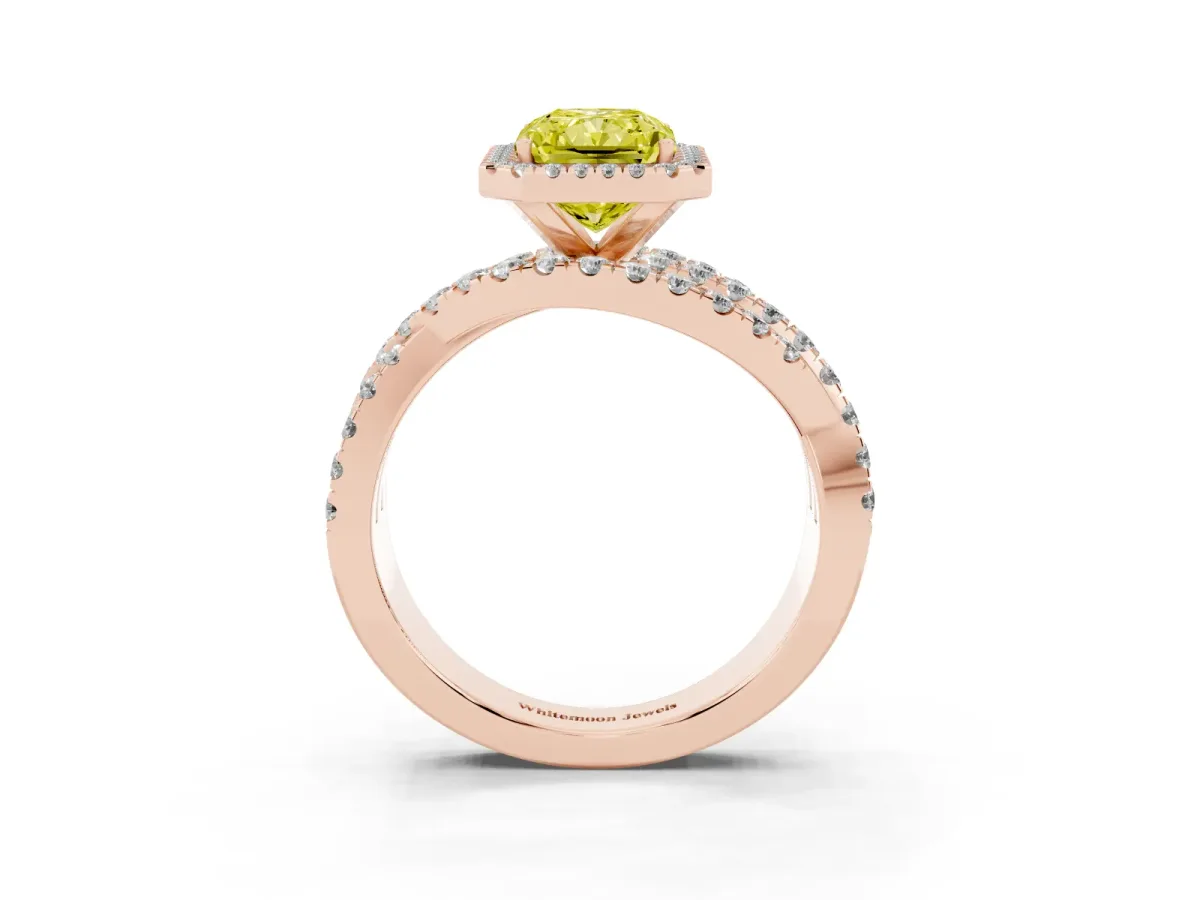 Fancy Yellow Radiant Cut Diamond Halo Ring with Round Split Shank and Prong Setting Rose gold